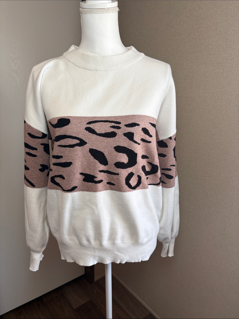 PrettyGarden Leopard Print Colorblock Knit Sweater Mauve Black XL Casual Chic